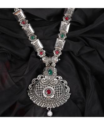 Long Alloy Antique (Oxidised) Silver Plated  White Pearl, Green & Red Stone  Necklace Set  For Women For Girls 5