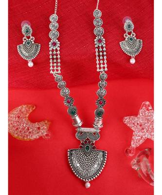 Long Alloy Antique (Oxidised) Silver Plated  White Pearl, Green & Red Stone  Necklace Set  For Women For Girls 1