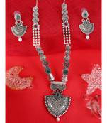 Long Alloy Antique (Oxidised) Silver Plated  White Pearl, Green & Red Stone  Necklace Set  For Women For Girls