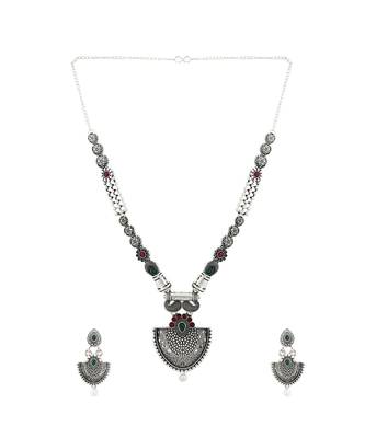 Long Alloy Antique (Oxidised) Silver Plated  White Pearl, Green & Red Stone  Necklace Set  For Women For Girls 2