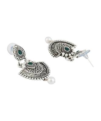 Long Alloy Antique (Oxidised) Silver Plated  White Pearl, Green & Red Stone  Necklace Set  For Women For Girls 3