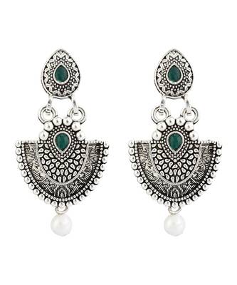 Long Alloy Antique (Oxidised) Silver Plated  White Pearl, Green & Red Stone  Necklace Set  For Women For Girls 4