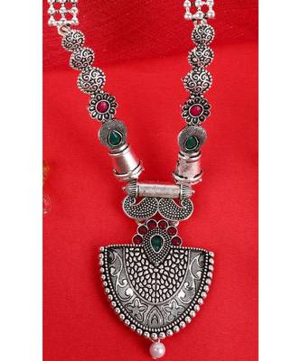 Long Alloy Antique (Oxidised) Silver Plated  White Pearl, Green & Red Stone  Necklace Set  For Women For Girls 5