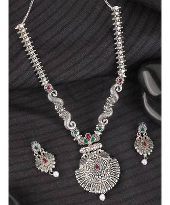 Long Alloy Antique (Oxidised) Silver Plated  White Pearl, Green & Red Stone  Necklace Set  For Women For Girls 1