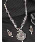 Long Alloy Antique (Oxidised) Silver Plated  White Pearl, Green & Red Stone  Necklace Set  For Women For Girls
