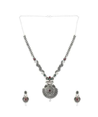 Long Alloy Antique (Oxidised) Silver Plated  White Pearl, Green & Red Stone  Necklace Set  For Women For Girls 2