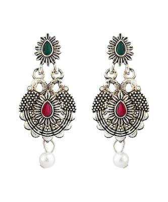 Long Alloy Antique (Oxidised) Silver Plated  White Pearl, Green & Red Stone  Necklace Set  For Women For Girls 3