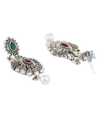 Long Alloy Antique (Oxidised) Silver Plated  White Pearl, Green & Red Stone  Necklace Set  For Women For Girls 4