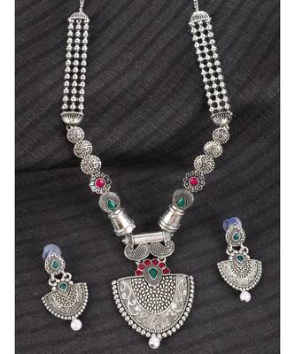 Long Alloy Antique (Oxidised) Silver Plated  White Pearl, Green & Red Stone  Necklace Set  For Women For Girls 1