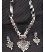 Long Alloy Antique (Oxidised) Silver Plated  White Pearl, Green & Red Stone  Necklace Set  For Women For Girls