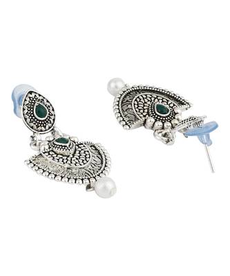 Long Alloy Antique (Oxidised) Silver Plated  White Pearl, Green & Red Stone  Necklace Set  For Women For Girls 2