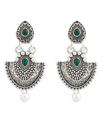 Long Alloy Antique (Oxidised) Silver Plated  White Pearl, Green & Red Stone  Necklace Set  For Women For Girls 3