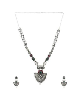 Long Alloy Antique (Oxidised) Silver Plated  White Pearl, Green & Red Stone  Necklace Set  For Women For Girls 4
