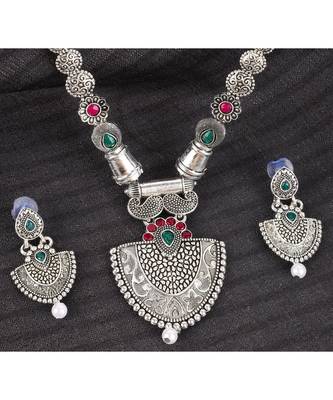 Long Alloy Antique (Oxidised) Silver Plated  White Pearl, Green & Red Stone  Necklace Set  For Women For Girls 5