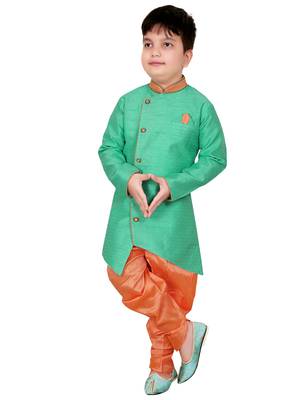 Green plain cotton silk boys-kurta-pyjama 1