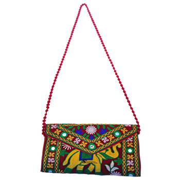 Shoptory India Embroidered Elephant Design Rajasthani Traditional Casual Party Sling Bag For Women Girls, Red 1