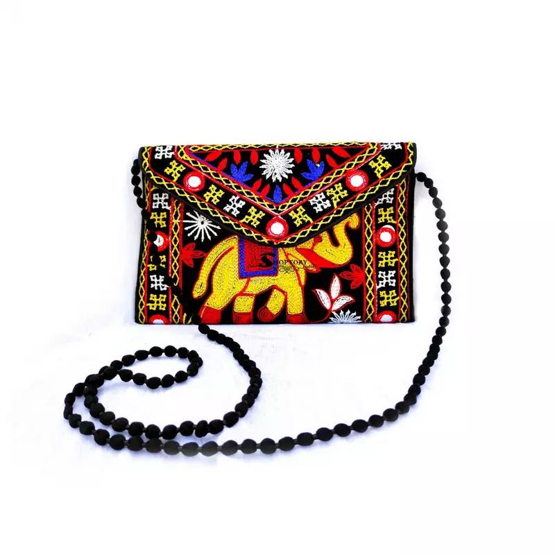 Shoptory India Embroidered Elephant Design Rajasthani Traditional Casual Party Sling Bag For Women Girls, Black
