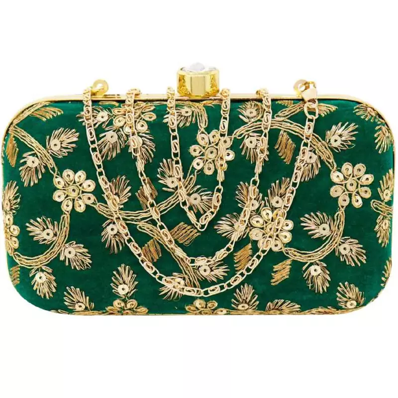 Shoptory India Embroidered Casual Ethnic Sling Bag For Women's Clutch Handpurse Green