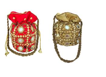 Shoptory India Wristlets Ethnic Rajasthani Potli bags For Women & Girls Rakhi Gift for her, Red Gold, Pack of 2 1