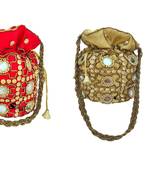Shoptory India Wristlets Ethnic Rajasthani Potli bags For Women & Girls Rakhi Gift for her, Red Gold, Pack of 2