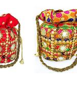 Shoptory India Wristlets Ethnic Rajasthani Potli bags For Women & Girls Rakhi Gift for her, Red Multicolor, Pack of 2