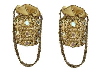 Shoptory India Wristlets Ethnic Rajasthani Potli bags For Women & Girls Rakhi Gift for her, Gold,Pack of 2 1