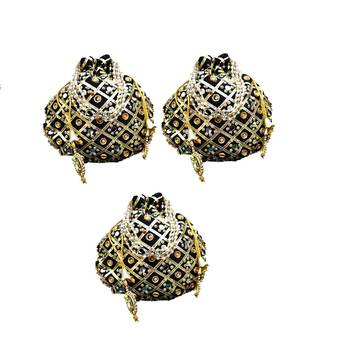 Shoptory India Wristlets Ethnic Potli For Women & Girls Rajasthani Return Gift For Wedding, Black, Pack of 3 1