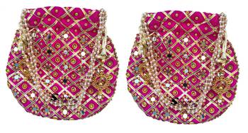 Shoptory India Wristlets Ethnic Potli For Women & Girls Rajasthani Return Gift For Wedding, Dark Pink, Pack of 2 1