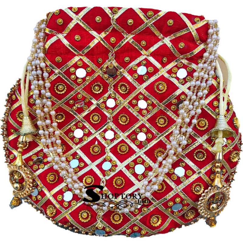 Shoptory India Wristlets Ethnic Potli For Women & Girls Rajasthani Return Gift For Wedding, Red