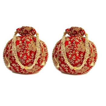 Shoptory India Wristlets Embroidered Ethnic Potli For Women & Girls Rajasthani Return Gift For Wedding, Red, Pack of 2 1