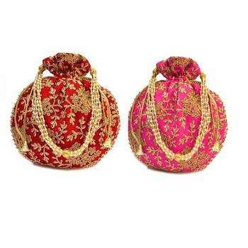 Shoptory India Wristlets Embroidered Ethnic Potli For Women & Girls Rajasthani Return Gift For Wedding, Red Dark Pink 1