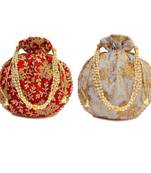 Shoptory India Wristlets Embroidered Ethnic Potli For Women & Girls Rajasthani Return Gift For Wedding, Red Grey