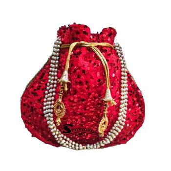 Shoptory India Sequine Potli Bags for Women Stylish Latest Return Gifts Wedding, Red 4
