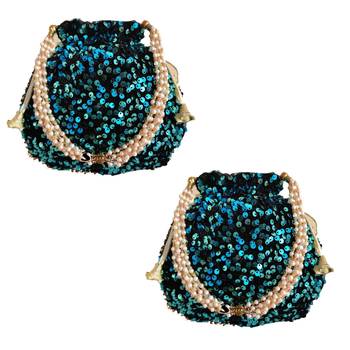 Shoptory India Potli Bags for Women Stylish Latest Return Gifts Wedding, Turq, pack of 2 1