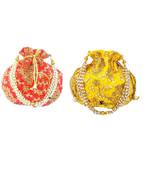 Shoptory India Wristlets Embroidered Ethnic Potli For Women & Girls Rajasthani Return Gift ,Orange Yellow, Pack of 2