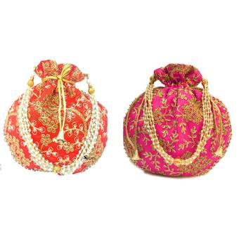 Shoptory India Wristlets Embroidered Ethnic Potli For Women & Girls Rajasthani Return Gift, Orange Dark Pink, Pack of 2 1