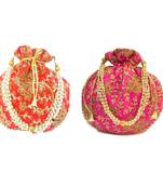 Shoptory India Wristlets Embroidered Ethnic Potli For Women & Girls Rajasthani Return Gift, Orange Dark Pink, Pack of 2