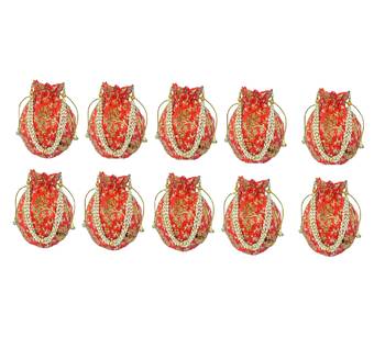 Shoptory India Wristlets Embroidered Ethnic Potli For Women & Girls Rajasthani Return Gift, Orange, Pack of 10 1