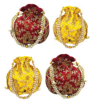 Shoptory India Wristlets Embroidered Ethnic Potli For Women & Girls Rajasthani Return Gift, Maroon Yellow, Pack of 4 1