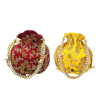Shoptory India Wristlets Embroidered Ethnic Potli For Women & Girls Rajasthani Return Gift, Maroon Yellow, Pack of 2 1