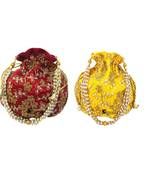 Shoptory India Wristlets Embroidered Ethnic Potli For Women & Girls Rajasthani Return Gift, Maroon Yellow, Pack of 2