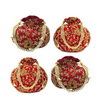 Shoptory India Wristlets Embroidered Ethnic Potli For Women & Girls Rajasthani Return Gift, Maroon Red, Pack of 4 1