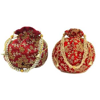 Shoptory India Wristlets Embroidered Ethnic Potli For Women & Girls Rajasthani Return Gift, Maroon Red, Pack of 2 1