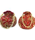 Shoptory India Wristlets Embroidered Ethnic Potli For Women & Girls Rajasthani Return Gift, Maroon Red, Pack of 2