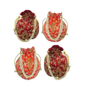 Shoptory India Wristlets Embroidered Ethnic Potli For Women & Girls Rajasthani Return Gift, Maroon Orange, Pack of 4 1