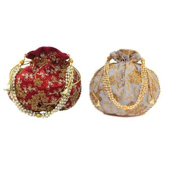 Shoptory India Wristlets Embroidered Ethnic Potli For Women & Girls Rajasthani Return Gift, Maroon Grey, Pack of 2 1