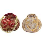 Shoptory India Wristlets Embroidered Ethnic Potli For Women & Girls Rajasthani Return Gift, Maroon Grey, Pack of 2