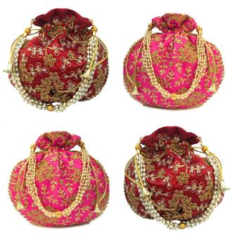 Shoptory India Wristlets Embroidered Ethnic Potli For Women & Girls Rajasthani Return Gift, Maroon Dark Pink, Pack of 4 1