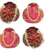 Shoptory India Wristlets Embroidered Ethnic Potli For Women & Girls Rajasthani Return Gift, Maroon Dark Pink, Pack of 4