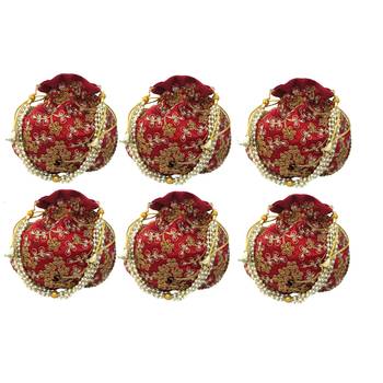 Shoptory India Wristlets Embroidered Ethnic Potli For Women & Girls Rajasthani Return Gift, Maroon, Pack of 6 1